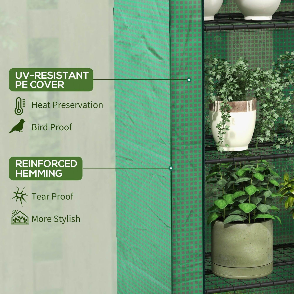 Green PE greenhouse cover panel with reinforced stitching and fastener eyelets