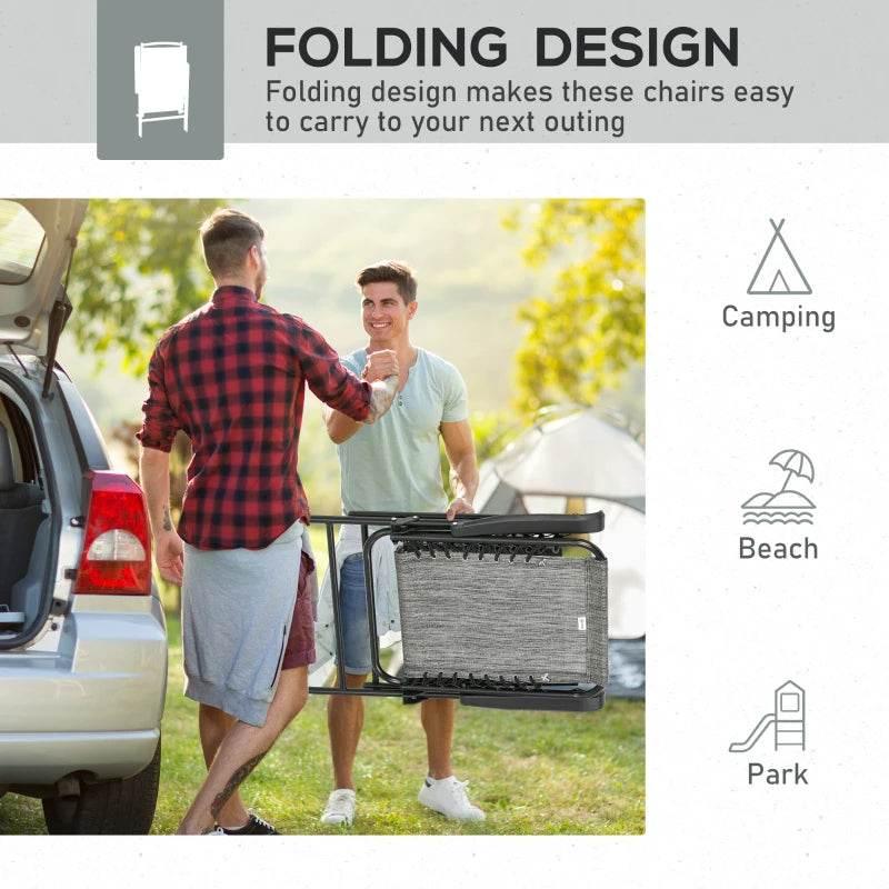 Grey mesh folding patio chair with armrests, shown for easy transport
