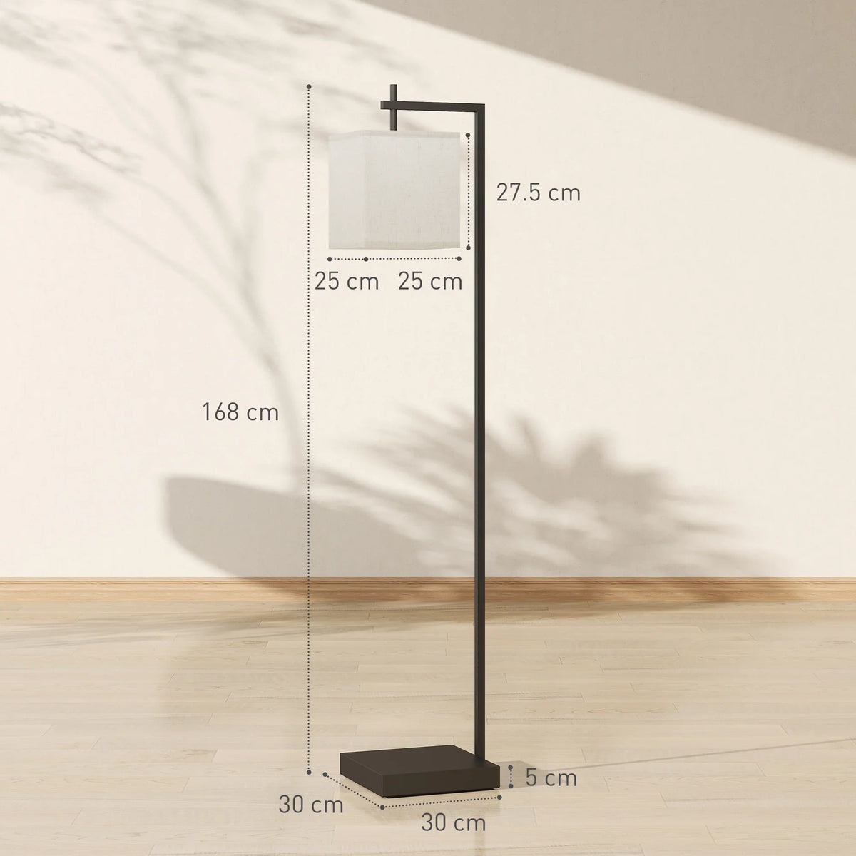 Tall floor lamp with square shade and black base, shown with measurement diagram