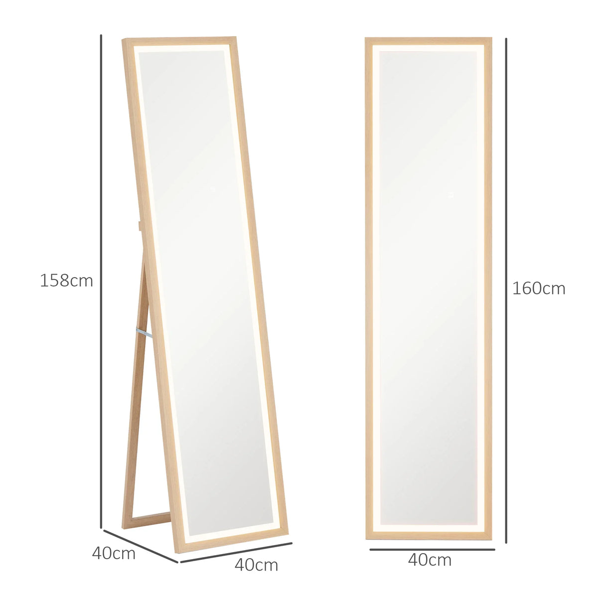 Full-length LED mirror with oak frame, showing front view and size dimensions