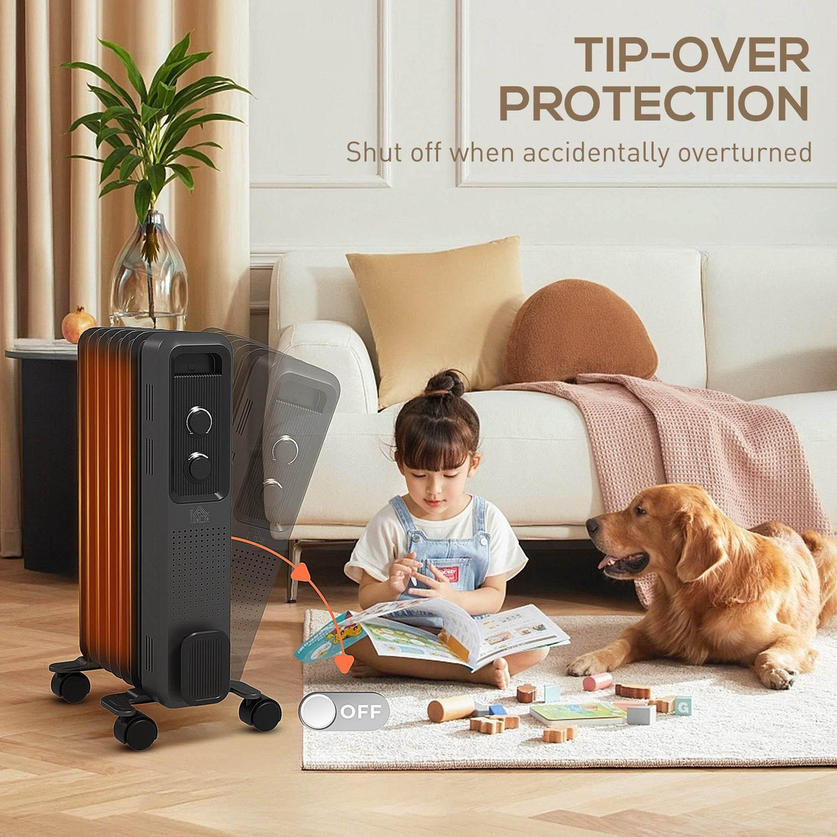Oil-filled heater with orange fins and tip-over protection, on rolling casters