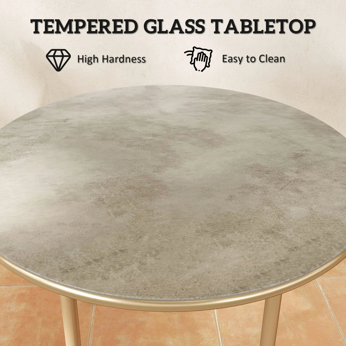 Close-up of beige faux marble tempered glass tabletop on a round coffee table