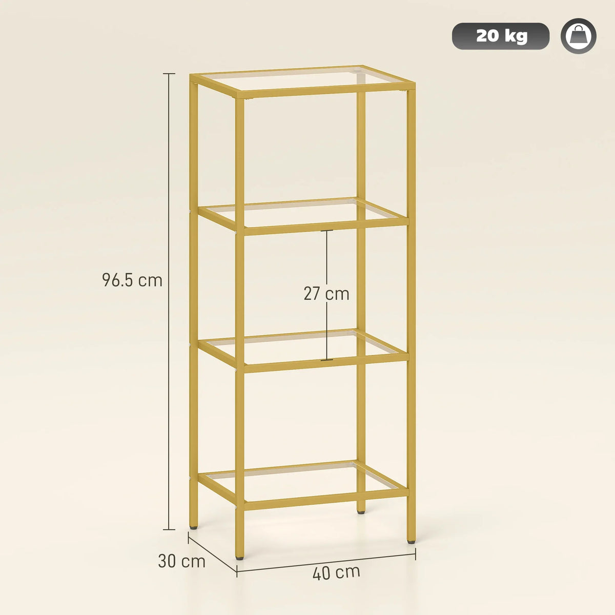 Gold-tone 4-tier glass shelving unit, front view