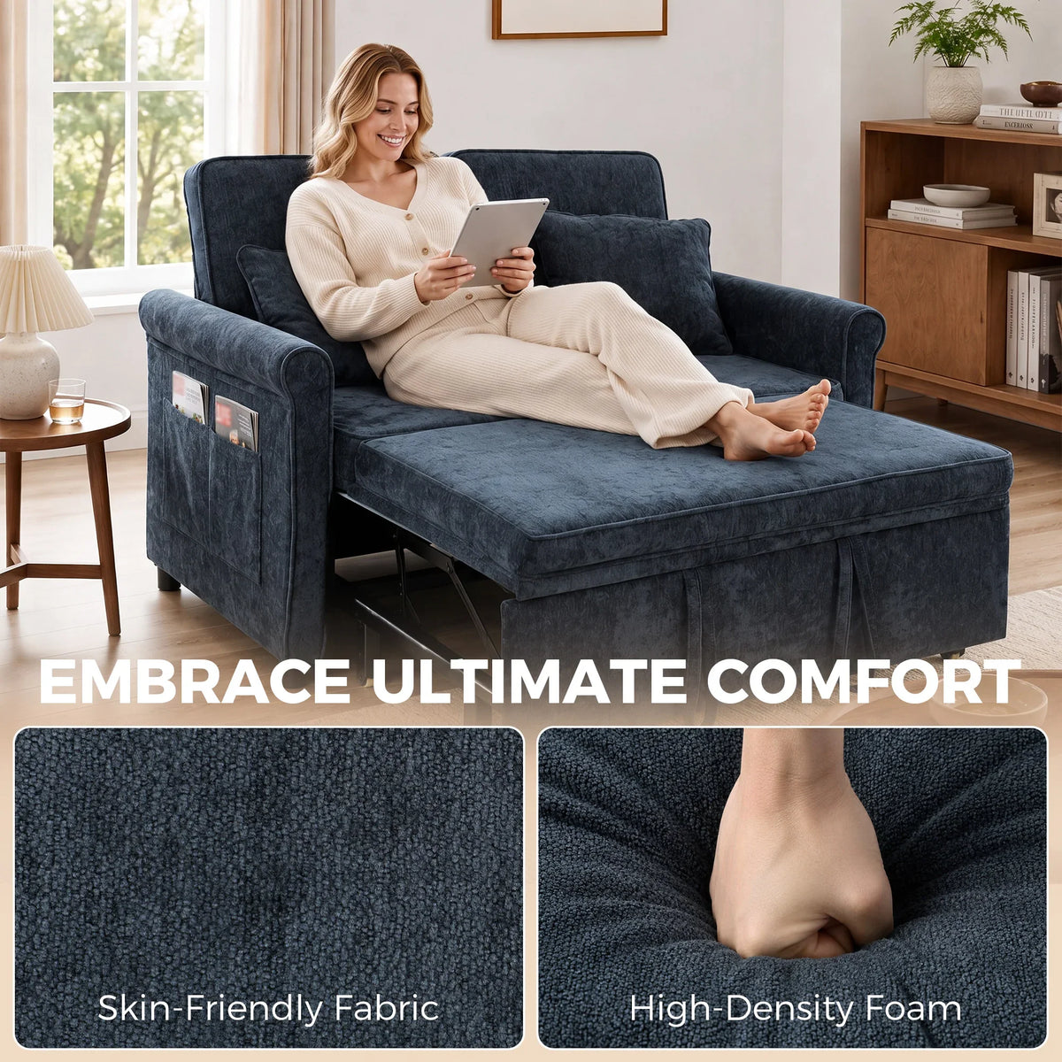 Dark blue chenille sofa bed in lounge mode, with rolled arms and layered seat cushions