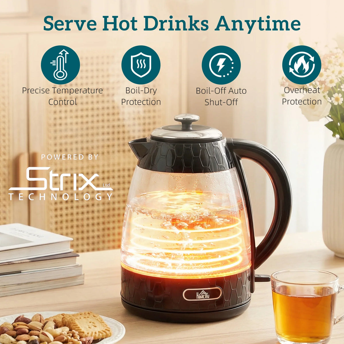 Glowing electric kettle and black 4-slice toaster on kitchen table