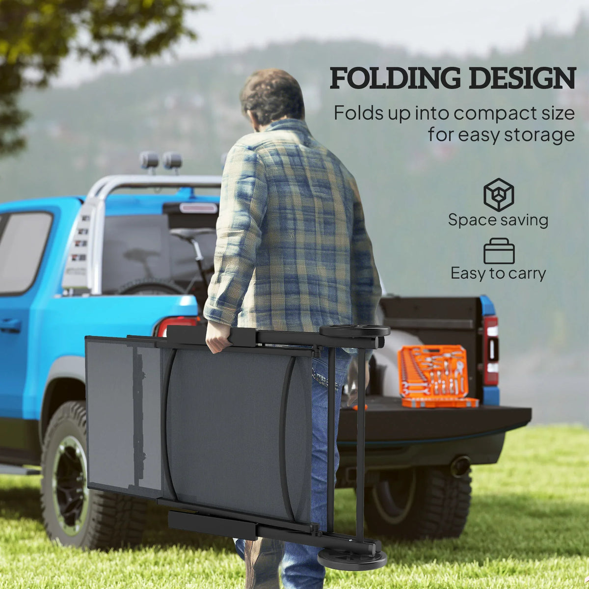 Grey folding sun lounger with wheels, upright for compact storage and carrying