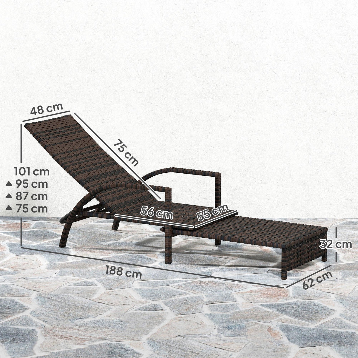Brown rattan reclining lounger with extending footrest and adjustable backrest, shown with measurements