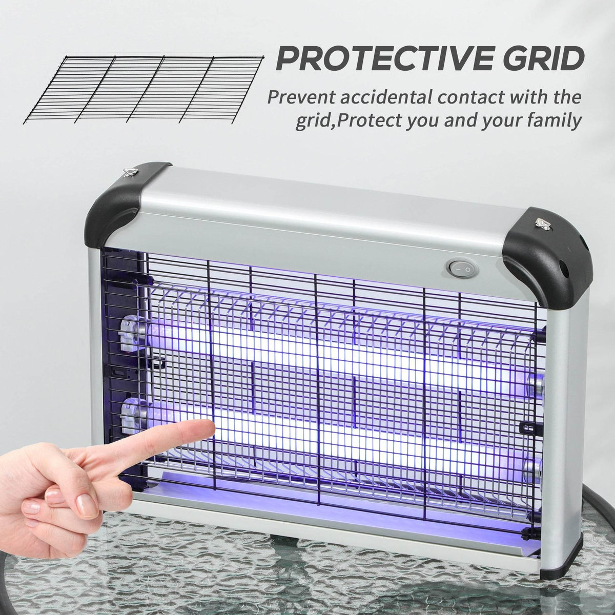 Electric fly zapper showing protective grid over UV light tube with safety guard, silver