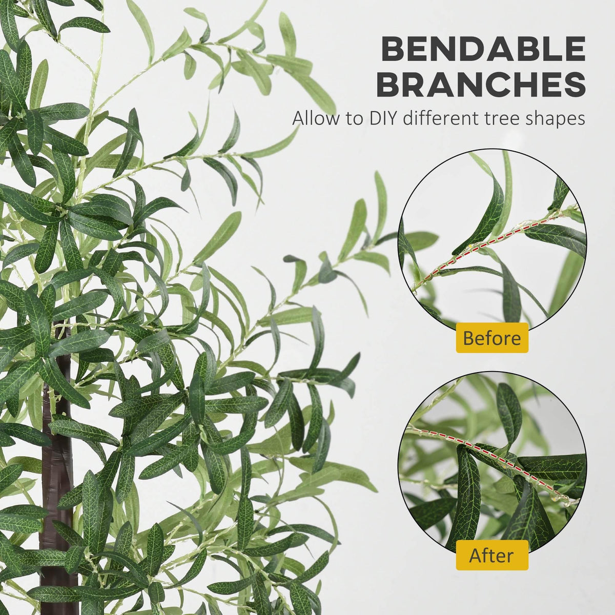 Bendable olive tree branches with green leaves, prelit with warm white LEDs