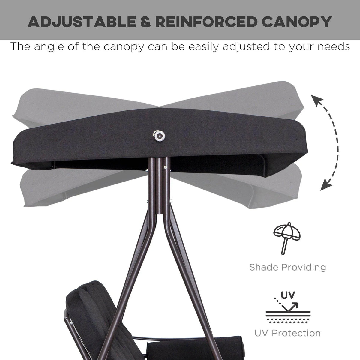Adjustable black canopy for 3-seat patio swing bench with UV protection