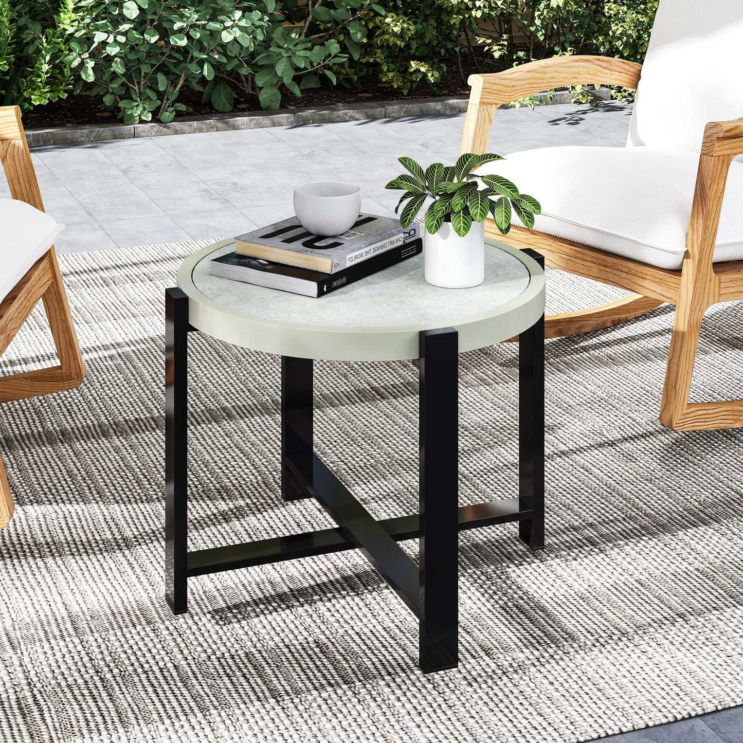 Outsunny Round Garden Table 60cm Outdoor Side Table With Faux Marble Tempered Glass Top Aluminium Frame Light Grey