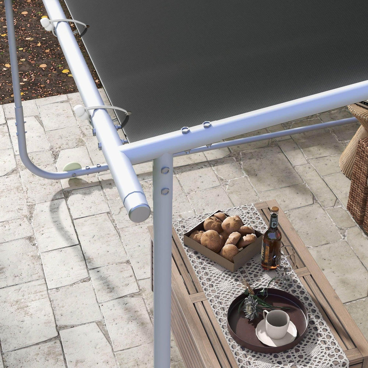 Portable pergola frame leg with sandbag weights on the base platform