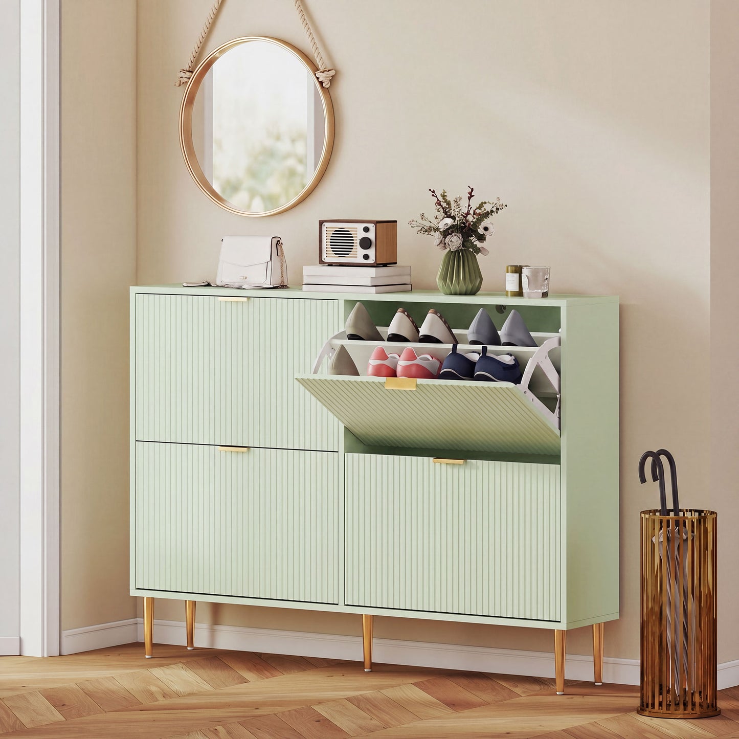 HOMCOM Elegant Four Drawer Shoe Cabinet in Light Green with Ridged Doors and Gold Accents Holds 10 to 20 Pairs