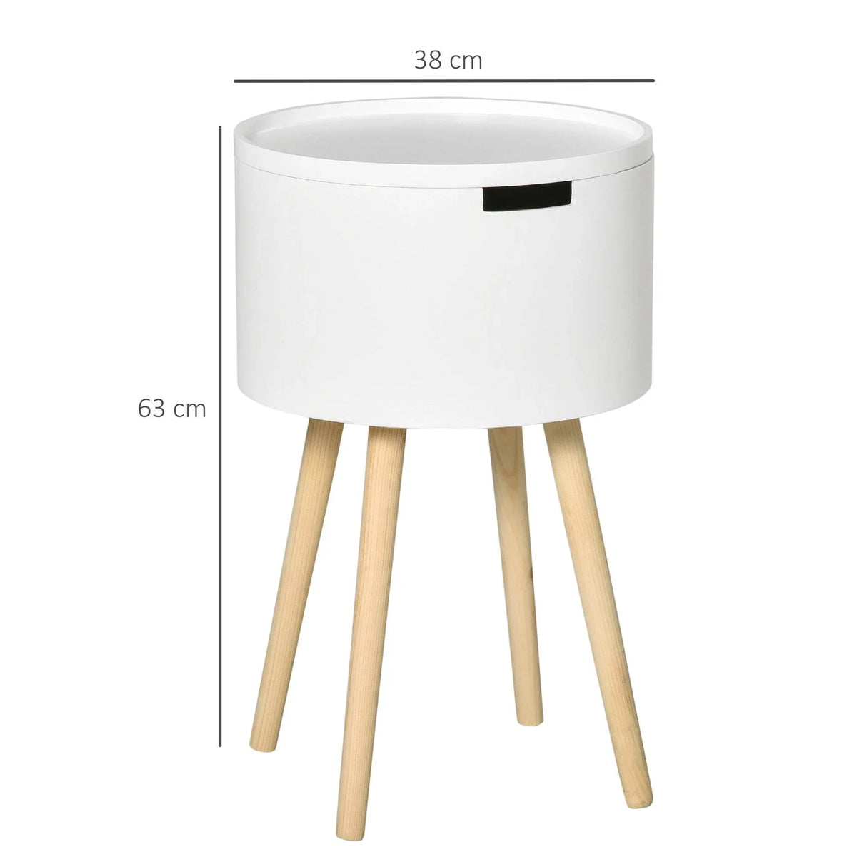 White round side table with removable tray, black latch, and light wood legs