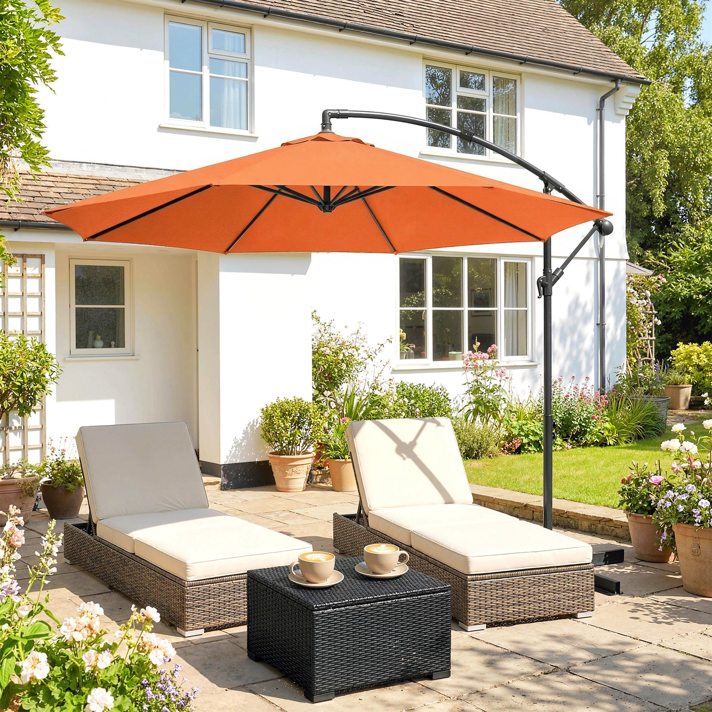 Outsunny 3 Meter Cantilever Parasol With Cross Base And Offset Outdoor Umbrella Crank Handle Orange