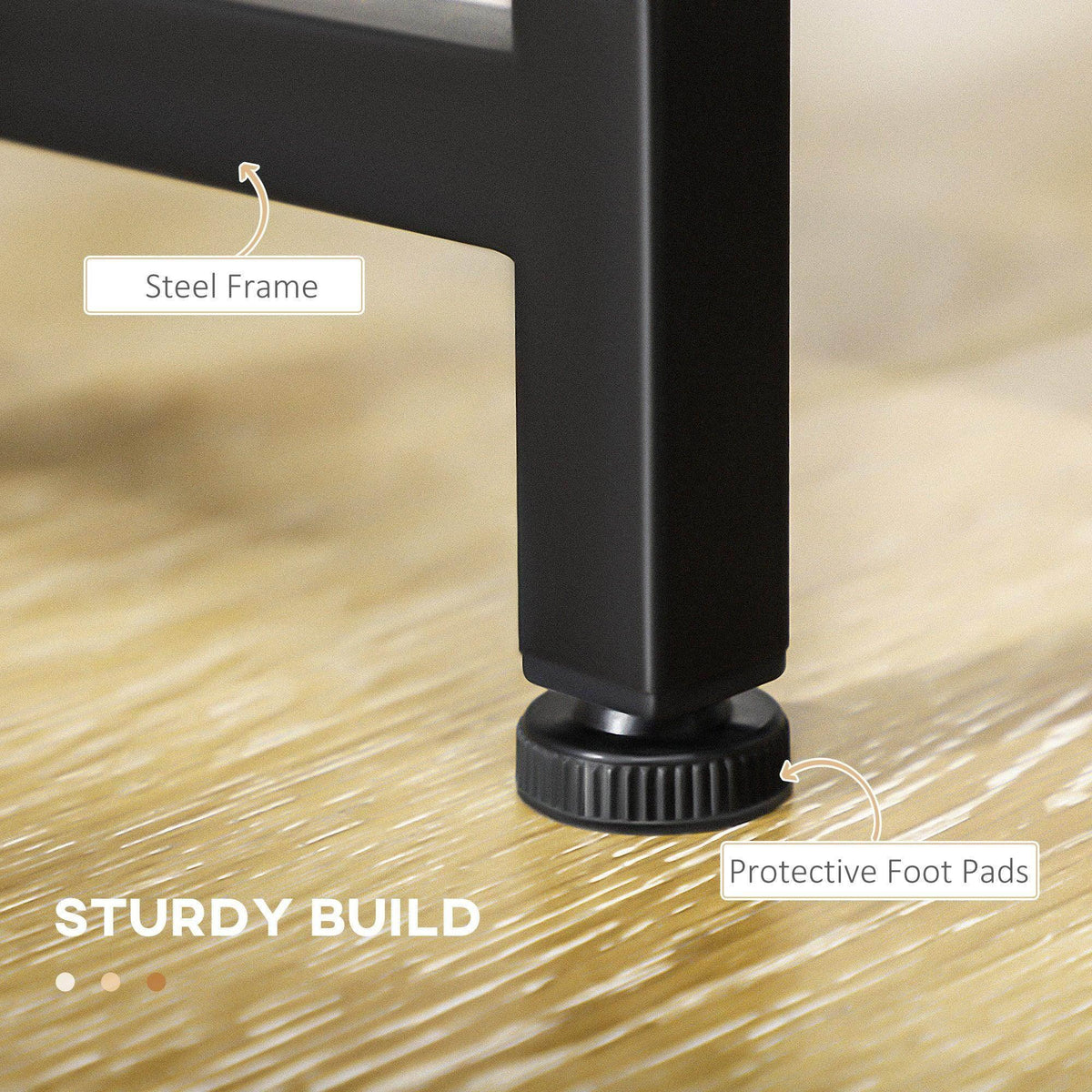 Black steel table leg with protective foot pads for stability on floors