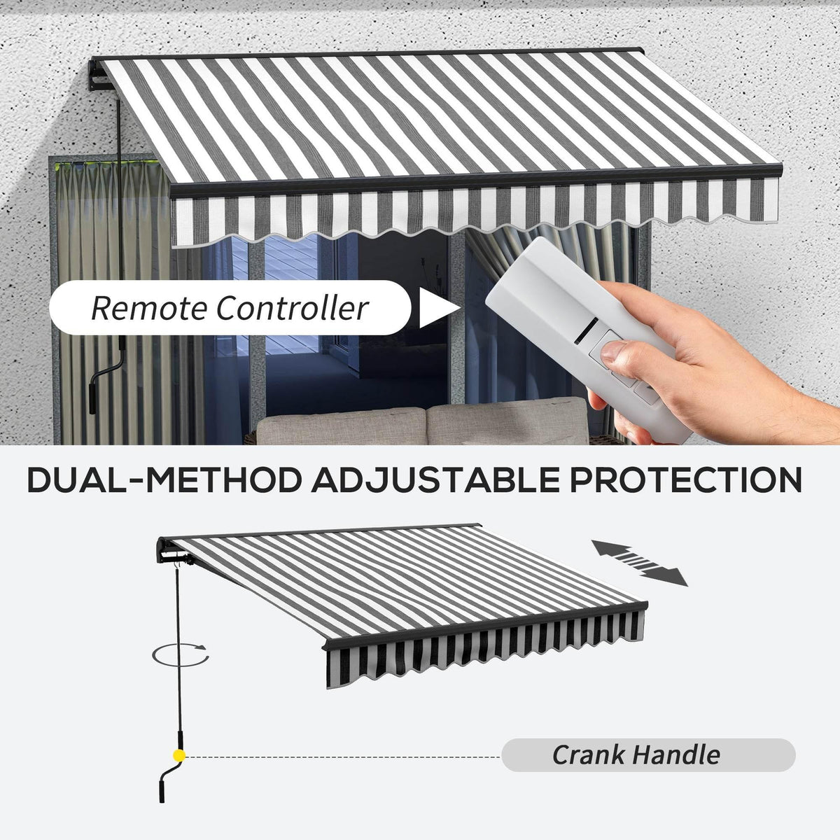 Retractable striped awning with remote control and crank handle for adjusting sun shade