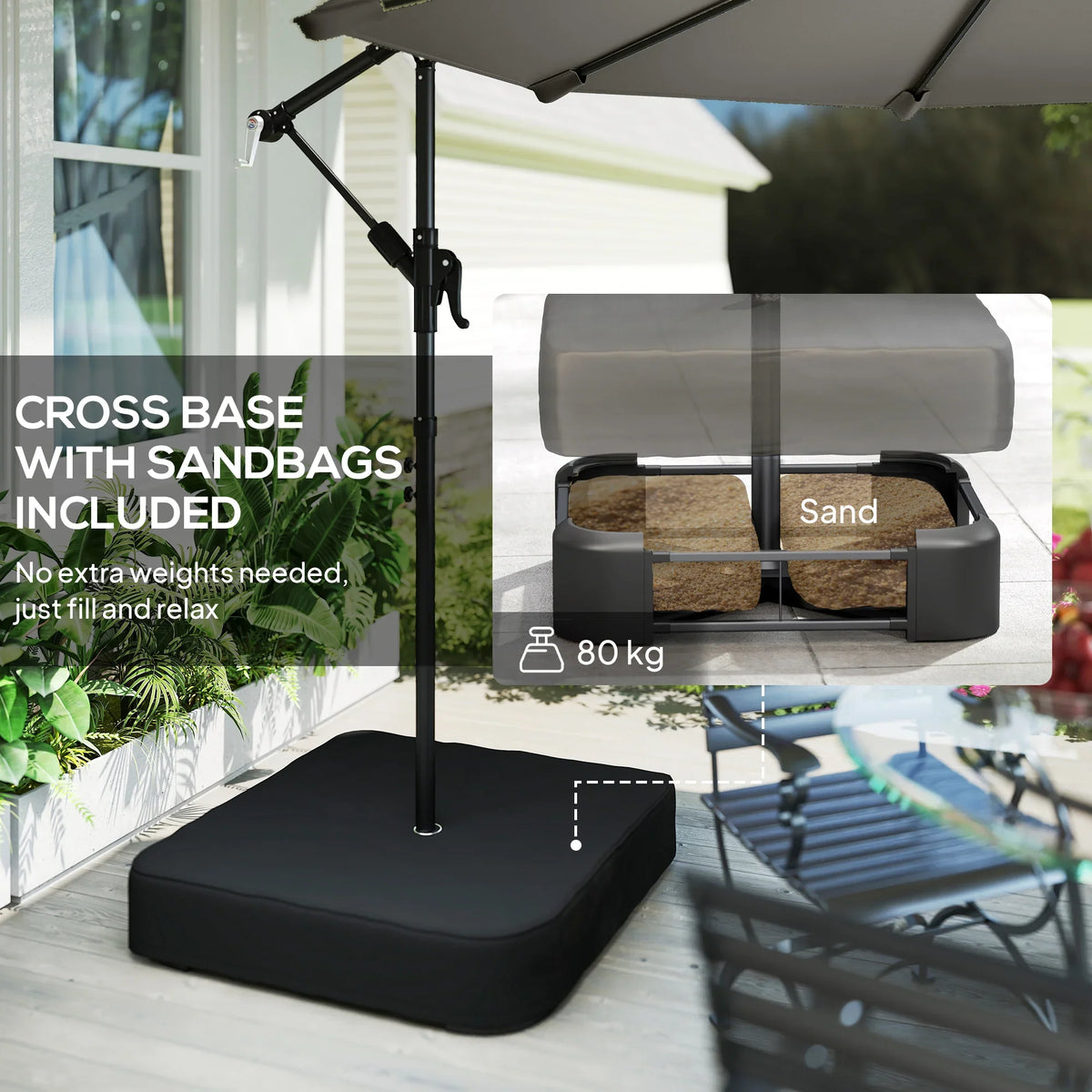 Cantilever parasol cross base with included sandbag weights and black base cover