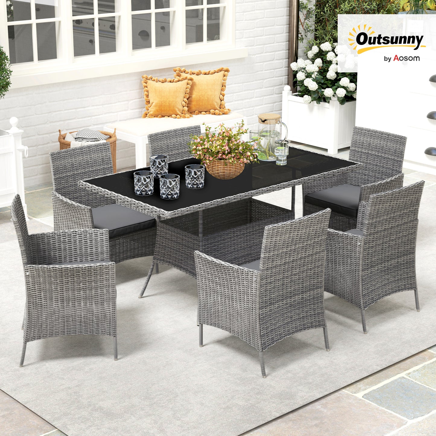 Outsunny 7 Piece Rattan Garden Furniture Set With Cushions 6 Seater Table And Chairs Glass Top Charcoal Grey