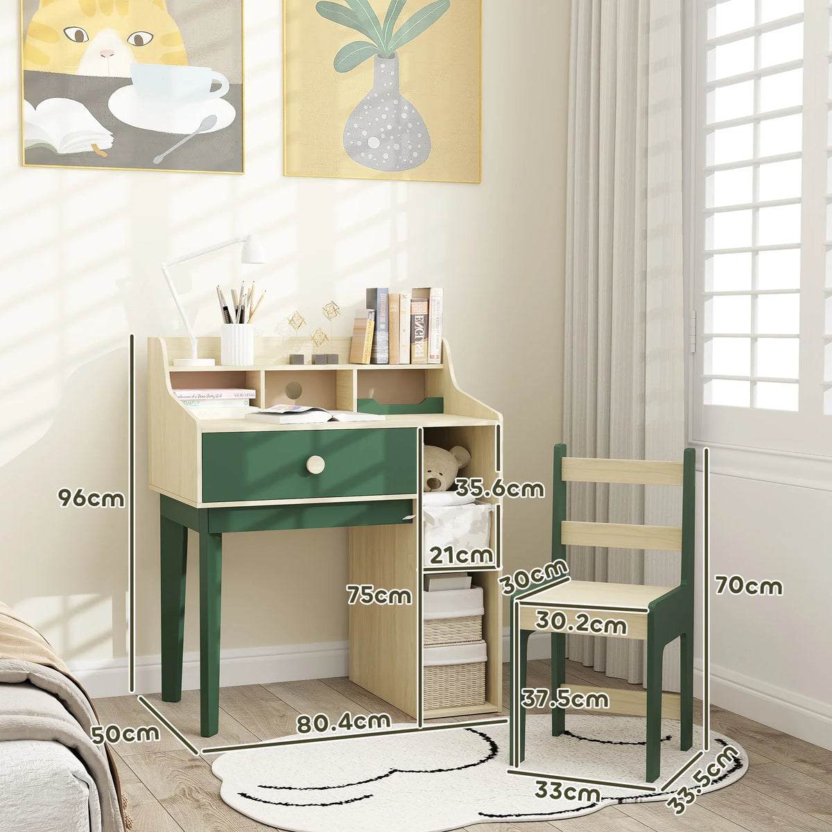 Kids desk and chair set with green drawer front, open shelves, light wood frame