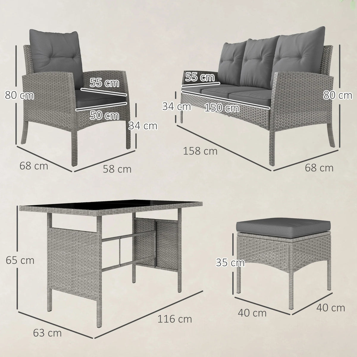 Grey rattan patio dining set diagram showing sofa, armchairs, glass table, and footstools