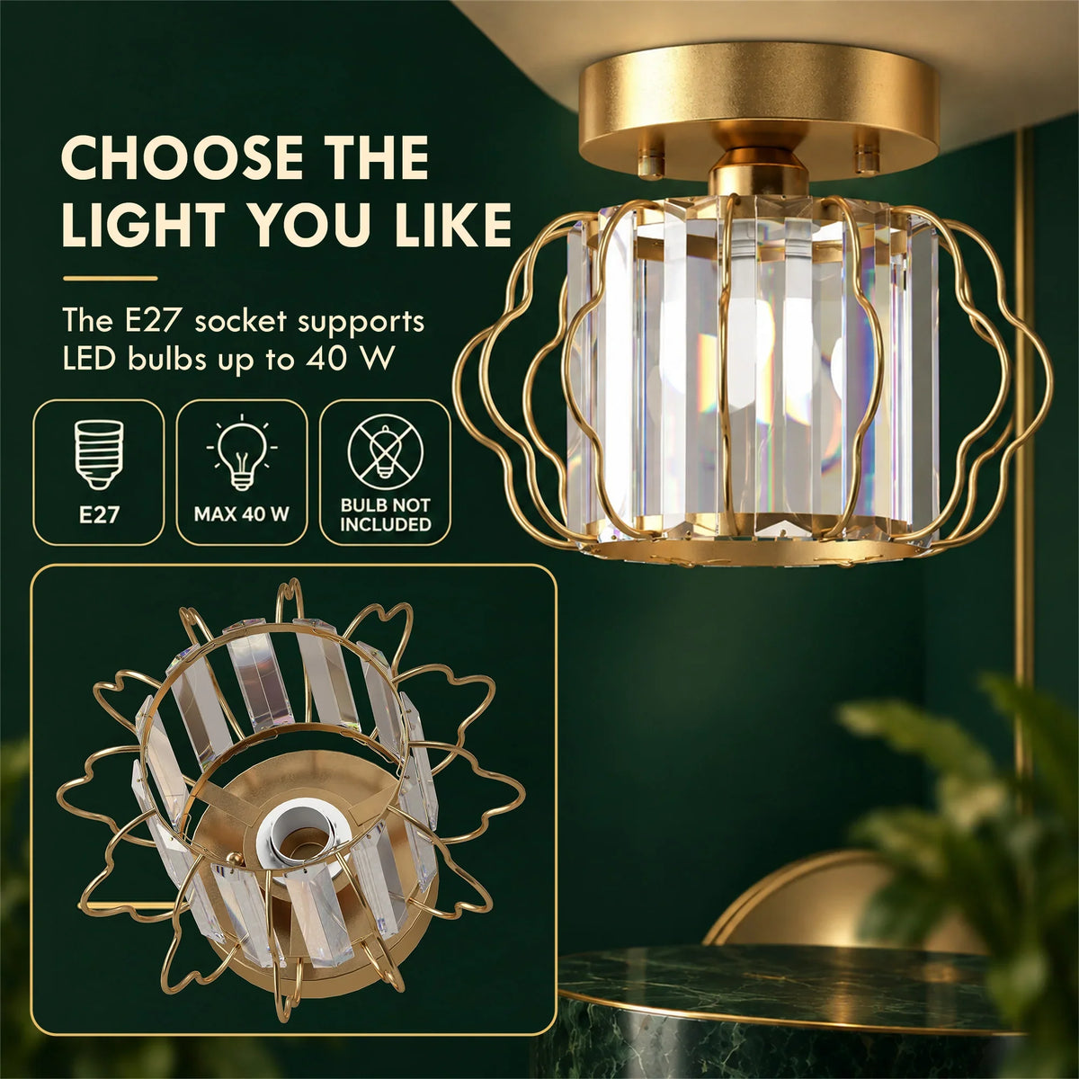 Gold semi-flush ceiling light close-up with clear crystal bars and decorative metal frame