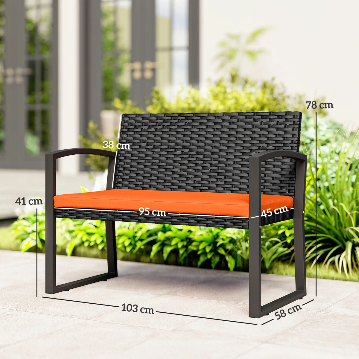 Two-seat outdoor bench with black woven backrest and orange seat cushion, side angle