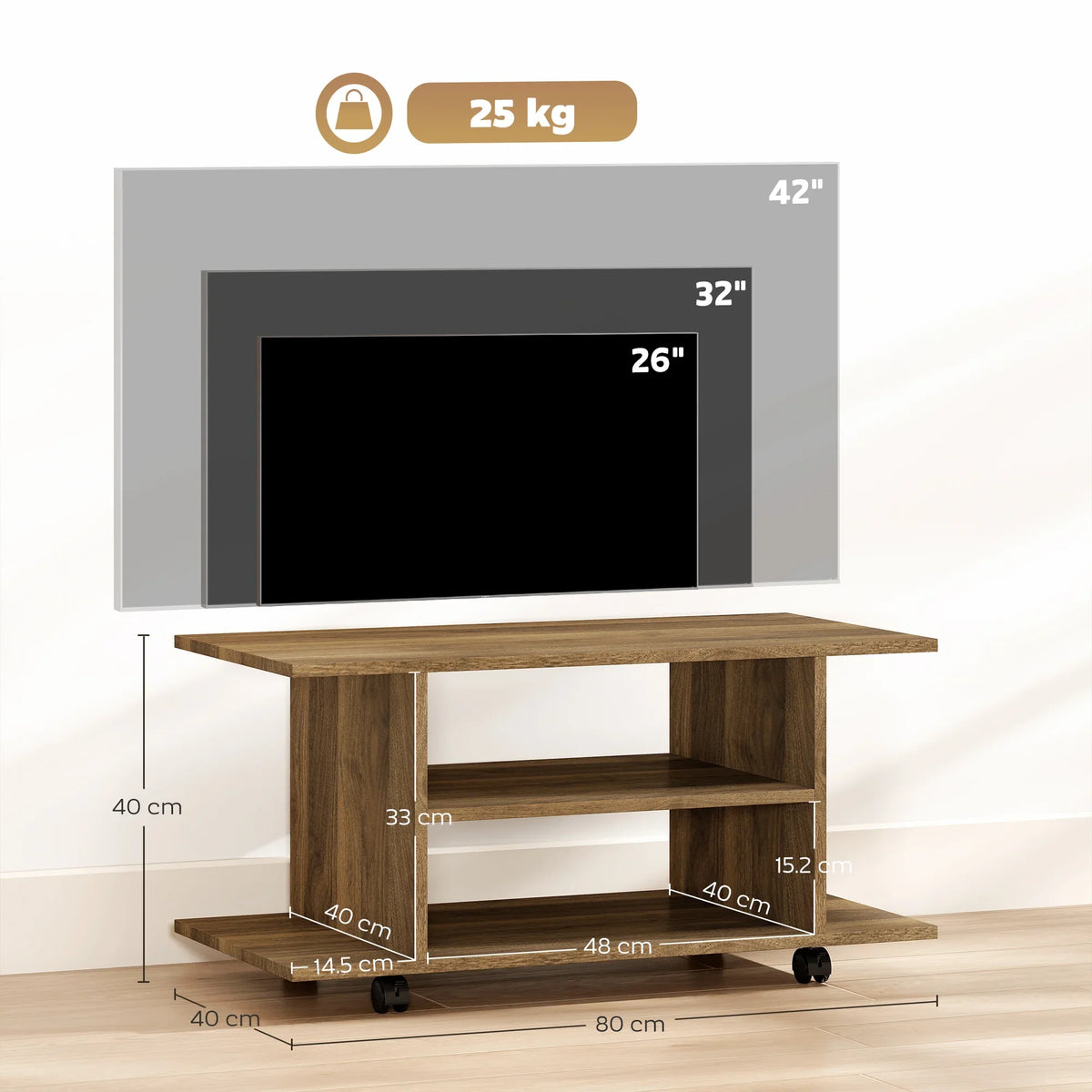 Walnut TV cabinet stand with open cubby shelves and two-tier storage, on casters