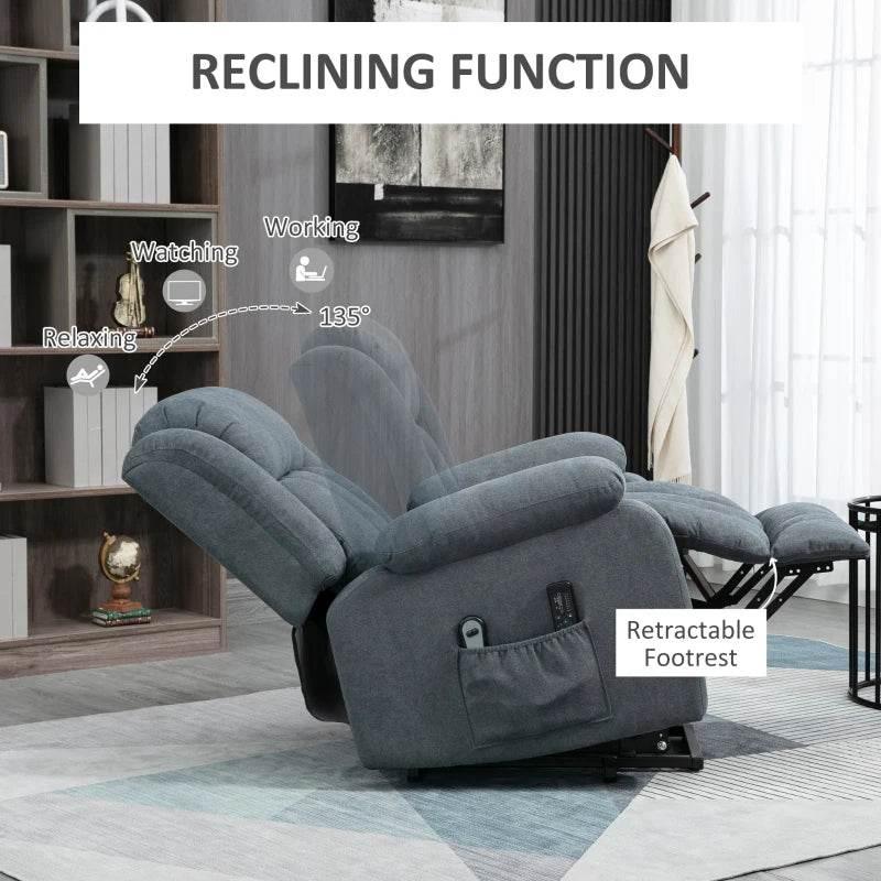 Dark grey fabric lift recliner chair with retractable footrest and side pocket
