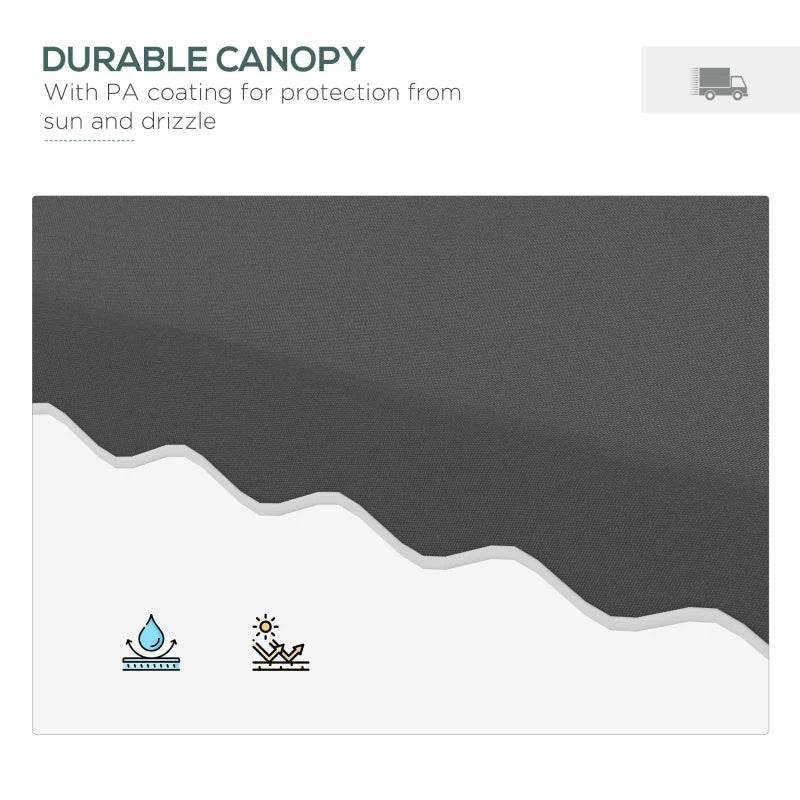 Close-up of dark grey double-top parasol canopy with wavy ruffle trim