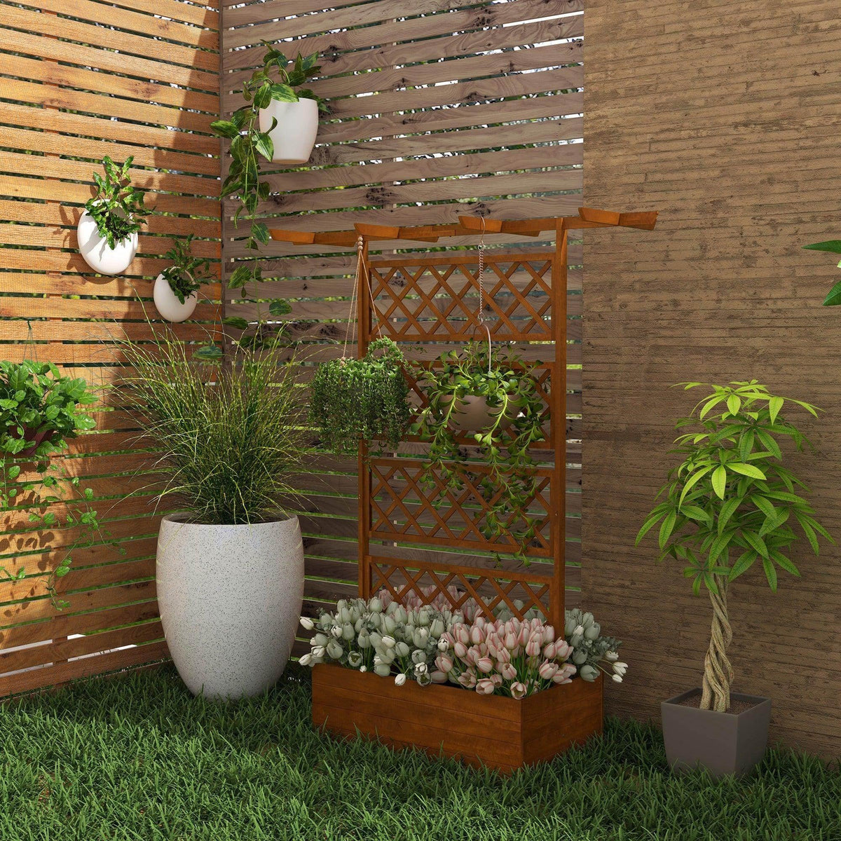 Orange wooden raised garden planter with lattice trellis for climbing plants