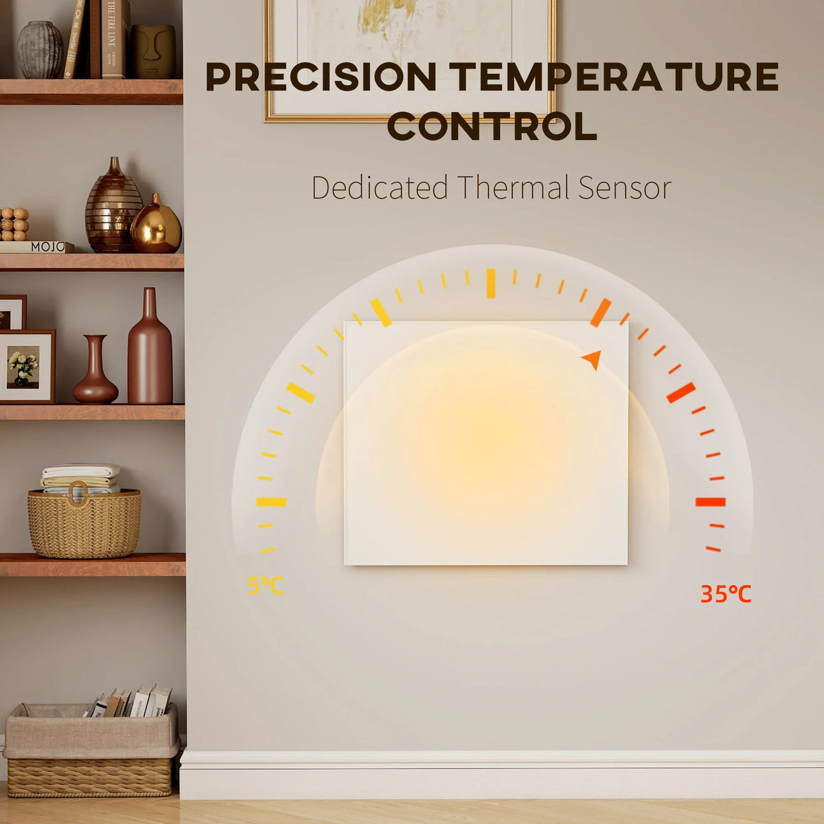 White wall heater panel with thermal sensor temperature indicator arc