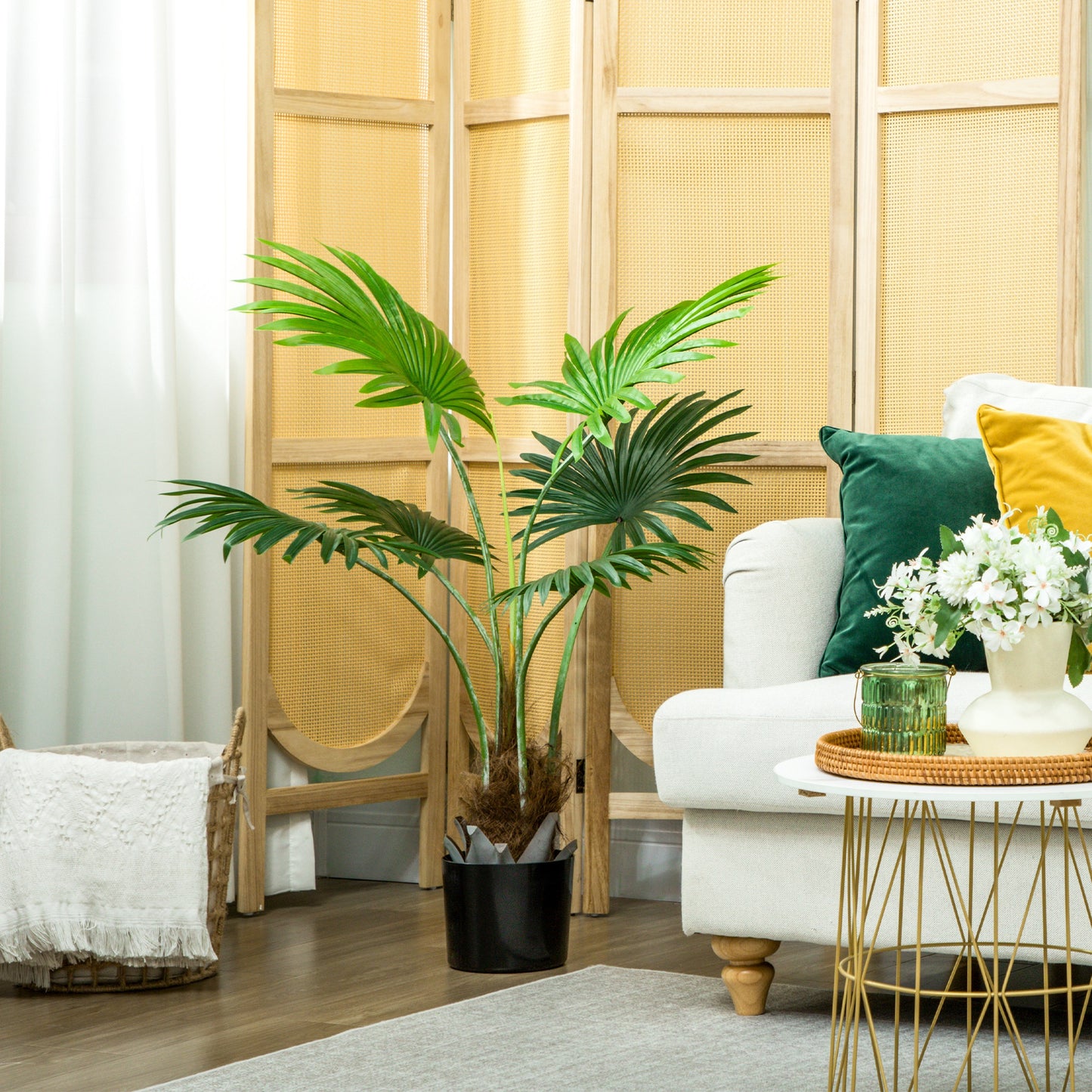 HOMCOM 94cm Artificial Palm Tree With Realistic PEVA Leaves And Coconut Coir In Plastic Pot For Home Office Decor Green
