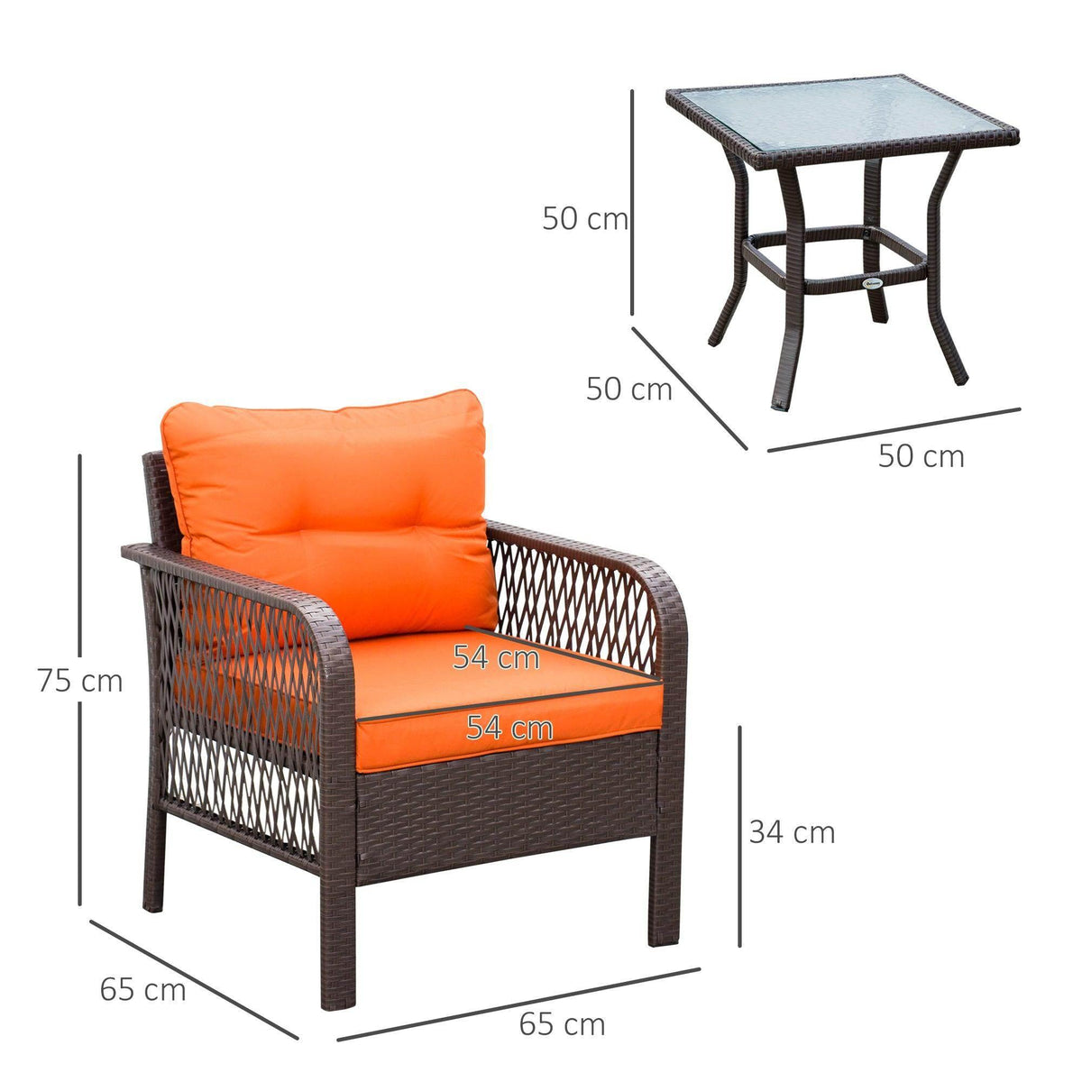 Orange-cushioned wicker bistro chair with dark brown woven sides and armrests
