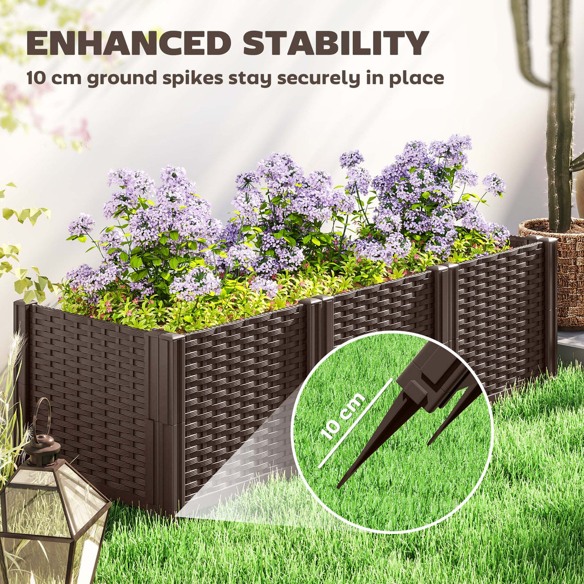 Brown raised garden bed planter box with 10 cm ground spikes for added stability