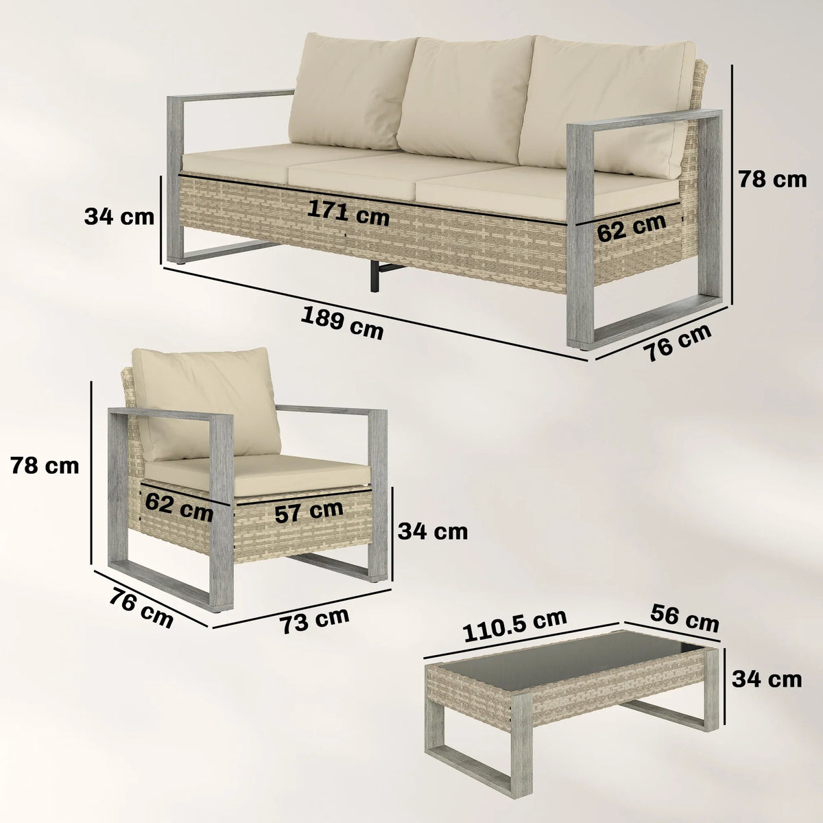 Khaki cushion rattan outdoor sofa with armrests and size layout
