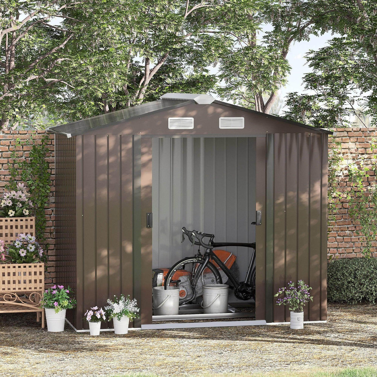Brown metal garden shed with double sliding doors, vent windows, and lockable handles.
