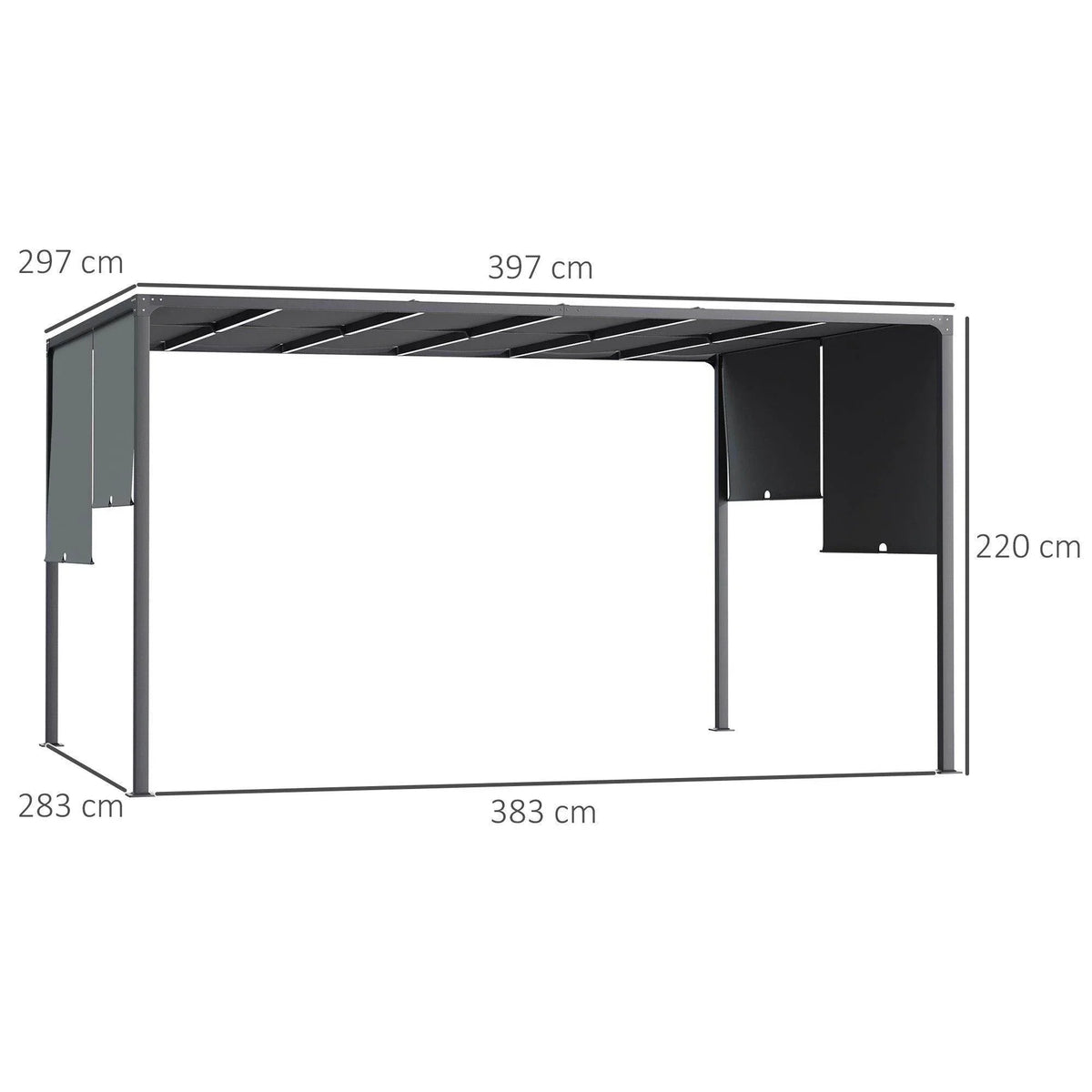 Grey retractable roof pergola frame with labeled dimensions (397 cm x 383 cm)