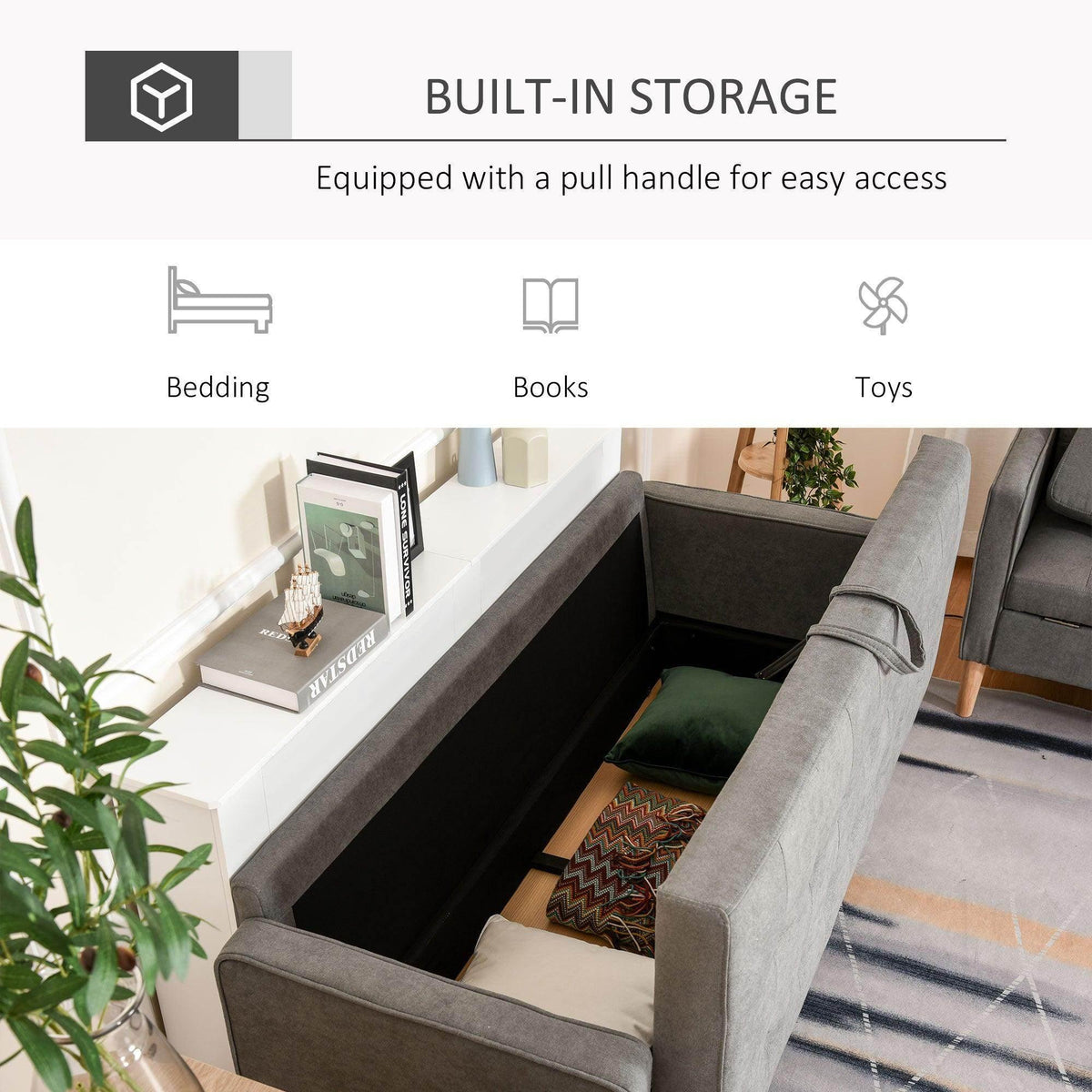 Grey sofa with hidden storage under the seat, open compartment with pull-access opening.