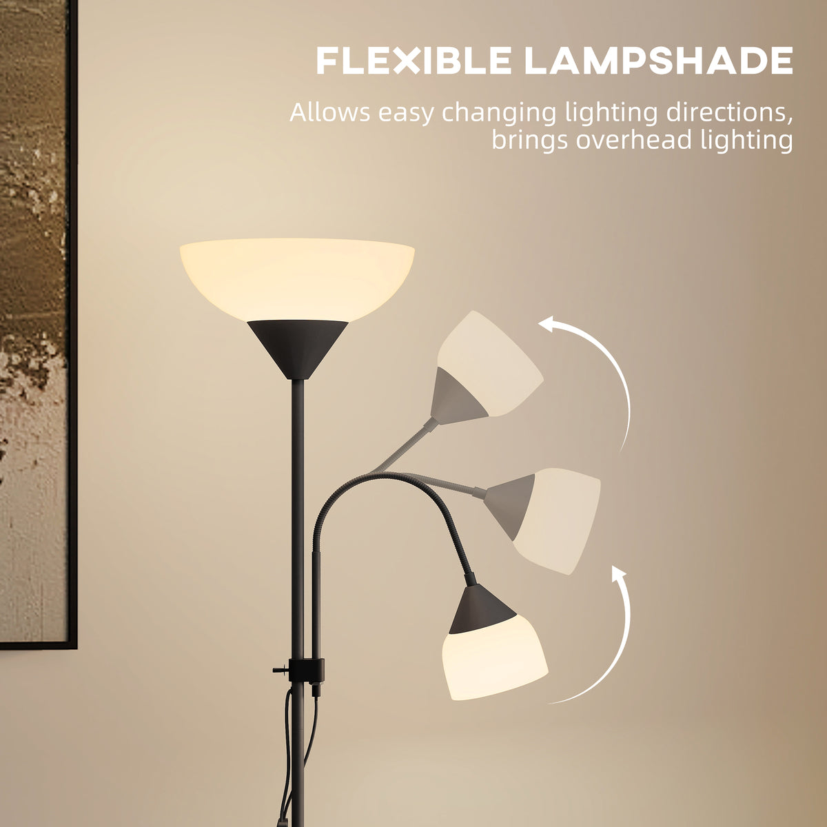 Black LED floor lamp with flexible dual shades shown in adjustable positions
