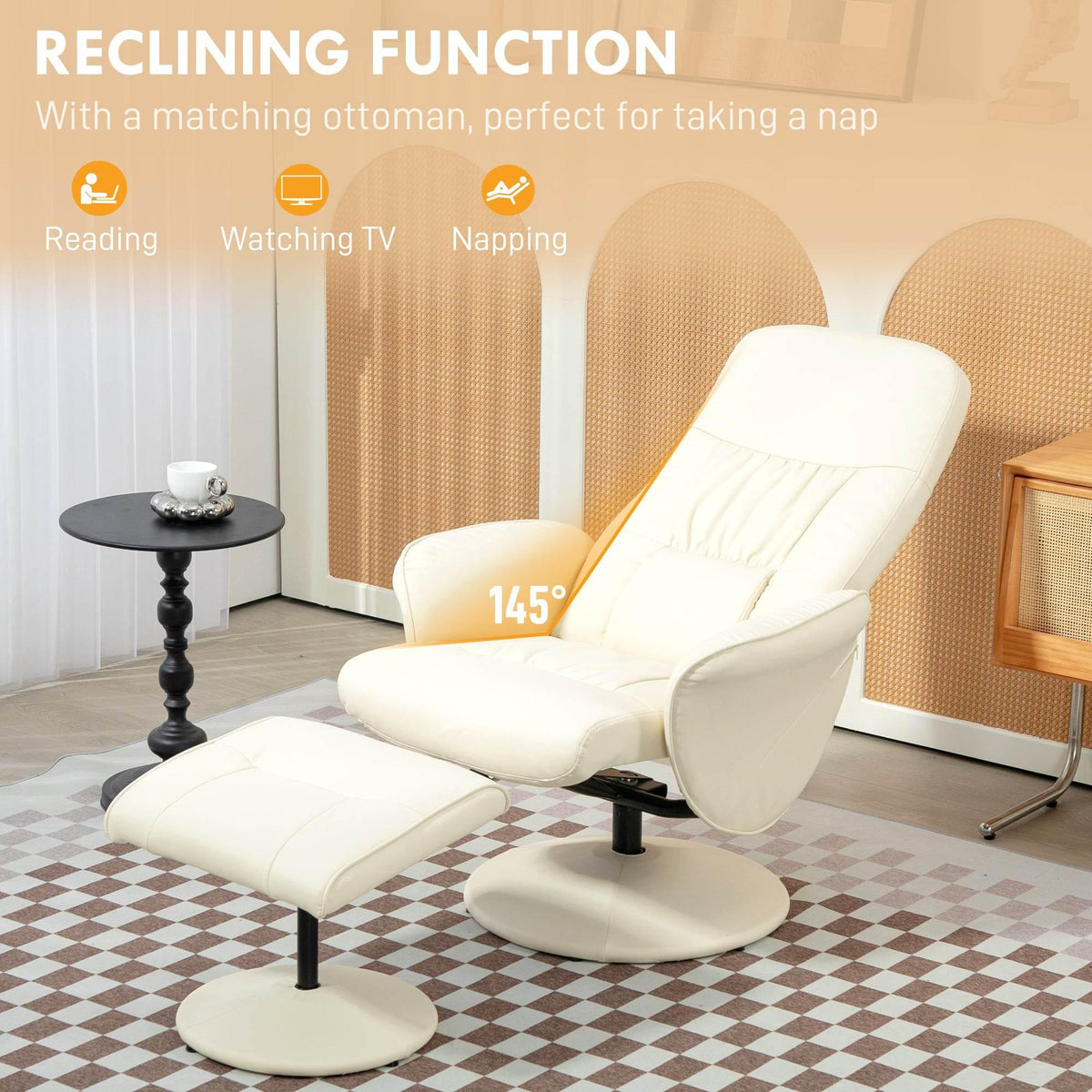 Cream recliner chair set with matching ottoman, reclined posture and foot support