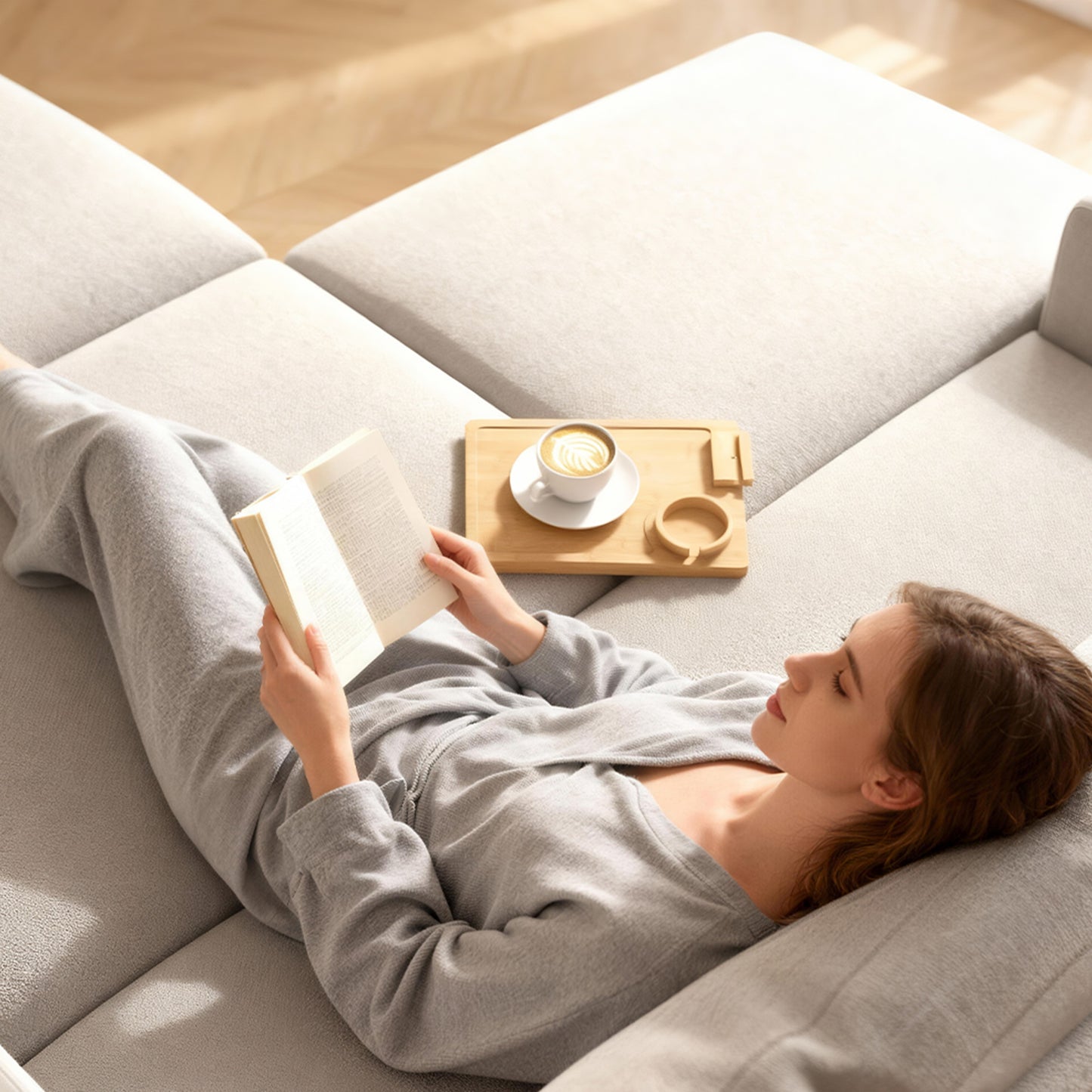 HOMCOM Anti Slip Sofa Armrest Tray Bamboo Arm Tray With 360 Degree Phone Holder And Removable Cup Holder Natural