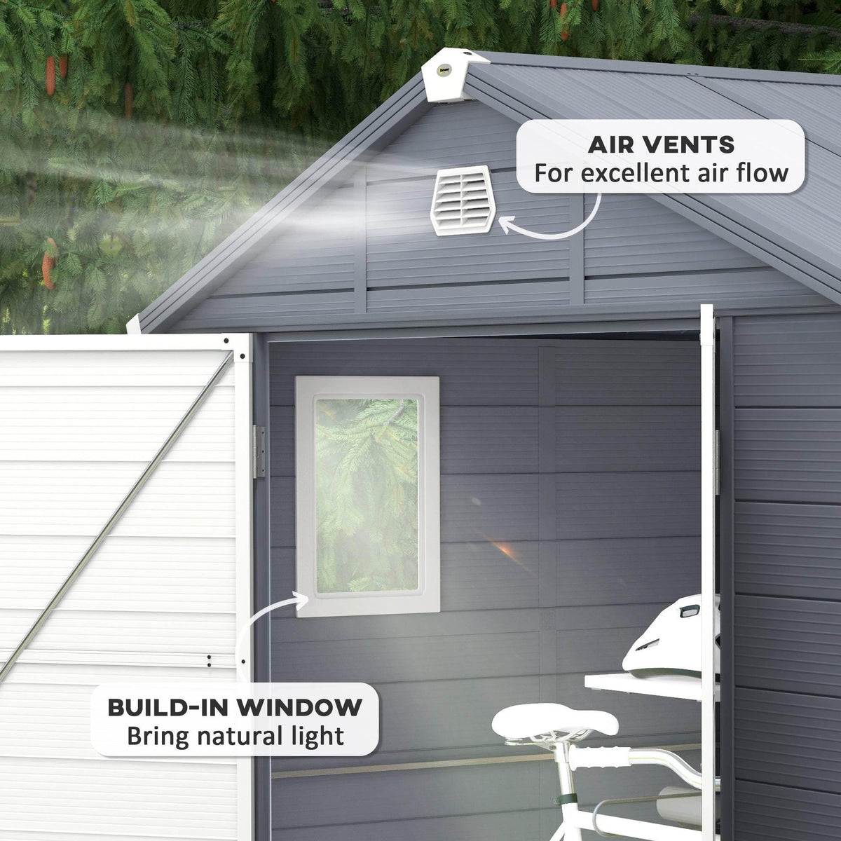 Grey outdoor storage shed with air vents and a built-in window