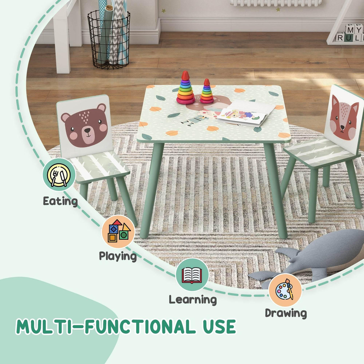 Kids table with two chairs, light green legs and bear-face chair back panels