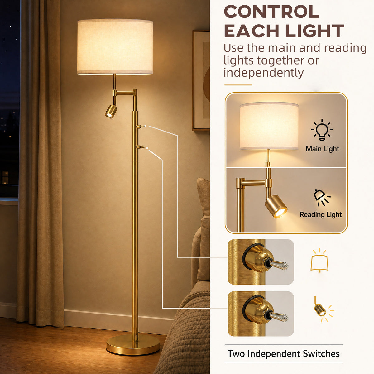Homcom Modern Floor Lamp With Copper Finish And Built In Reading Light