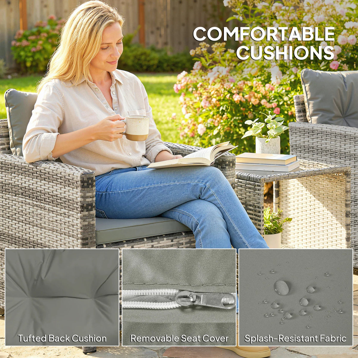 Grey bistro set cushions with tufted backrest, removable seat cover, splash-resistant fabric