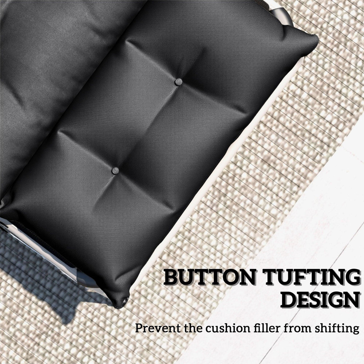 Dark grey sun lounger cushion with securing ties on the underside and padded support