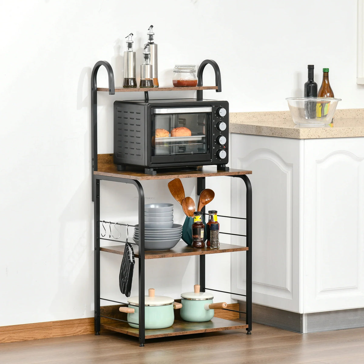 Rustic brown baker rack microwave stand with shelves, hooks, and countertop storage