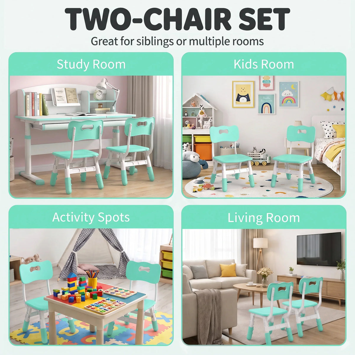 Two-chair kids set with mint backrests and seats, shown for study and play rooms