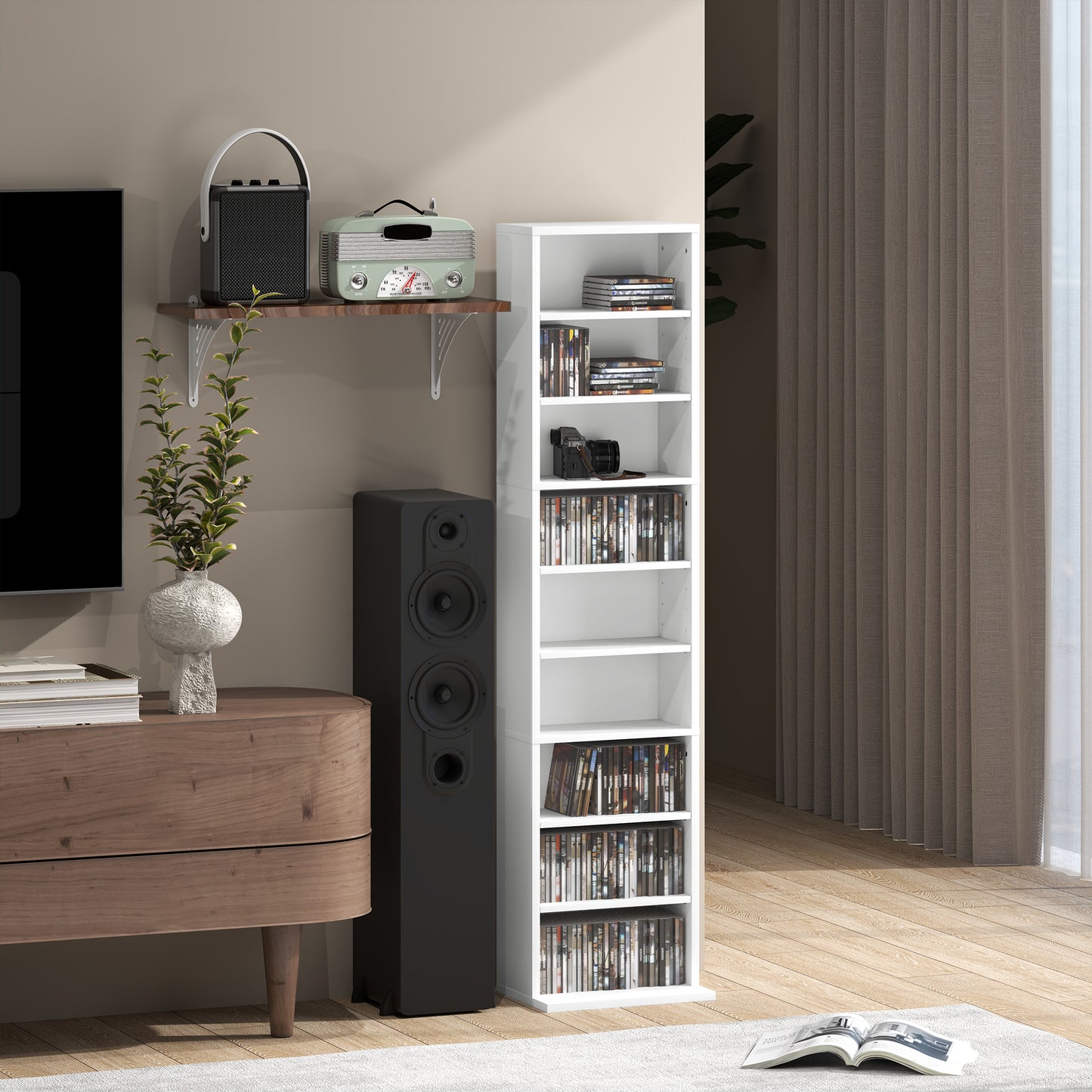 HOMCOM 260 CD Storage Unit Narrow White With Six Adjustable Shelves Ideal for CDs DVDs and Media Organization